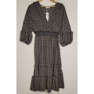 NEW NWT Max Studio Dress Large Women's Blue Green Floral Boho Elastic Waist 1028